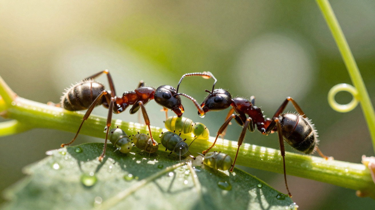 Two ants facing each other on a green stem surrounded by small green aphids on a leaf with water droplets.