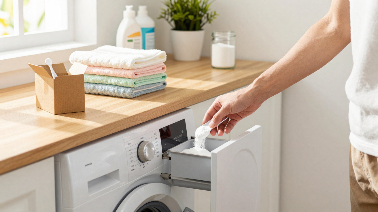 Person pouring washing powder into a front-loading washing machine in a bright laundry room.