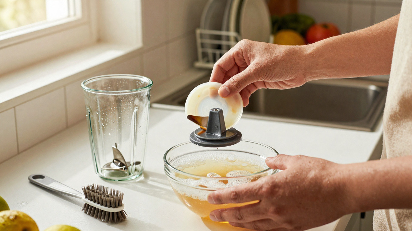 Person cleaning blender parts in a kitchen sink area with a dish brush and fruit nearby.