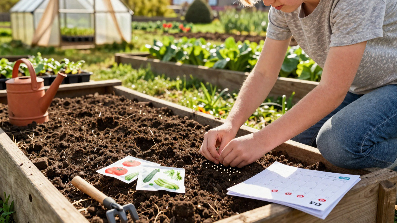 Child planting seeds in a raised garden bed with seed packets, a calendar, and gardening tools nearby.