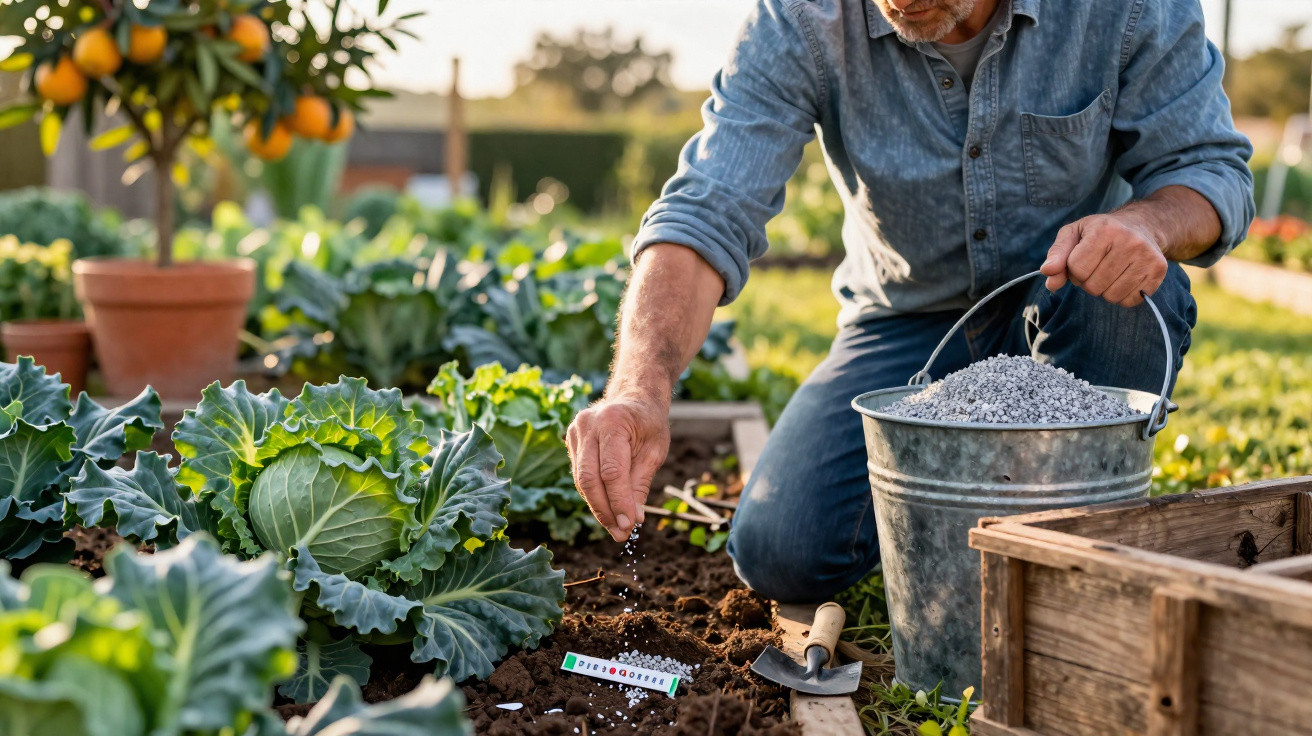 Man in denim shirt fertilising soil in vegetable garden with green cabbage plants nearby at sunset.