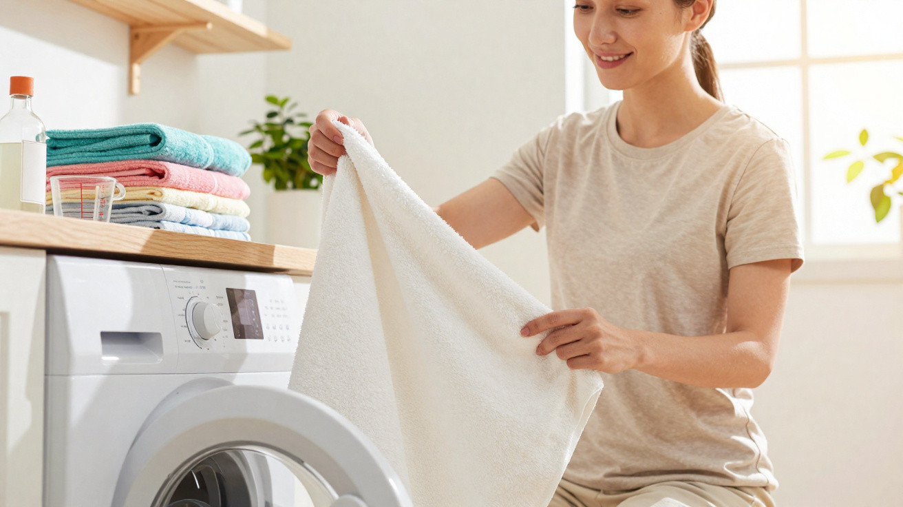 Woman folding a white towel next to a washing machine in a bright laundry room with stacked colourful towels.