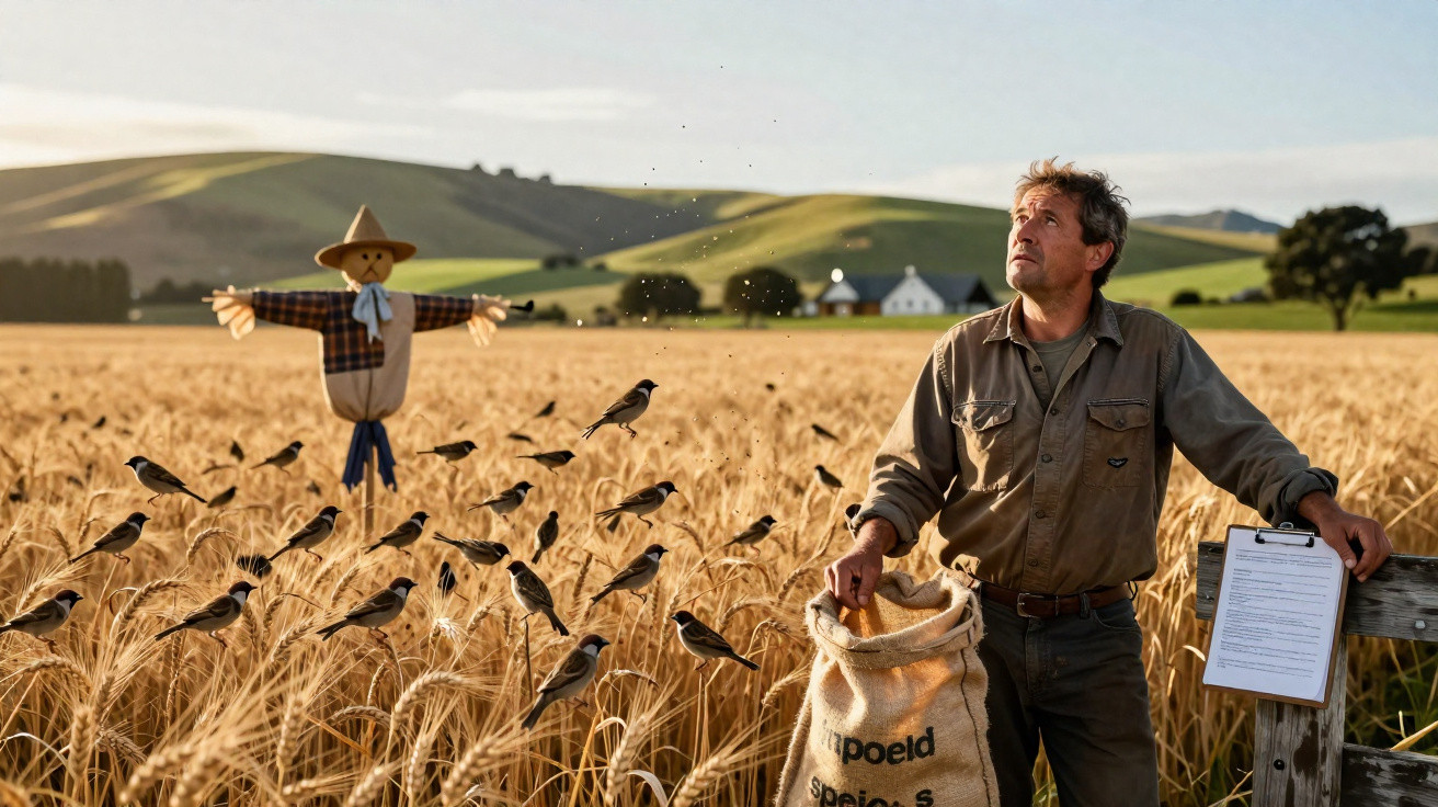 Farmer holding sack and clipboard in wheat field with birds and scarecrow, rolling hills in background.