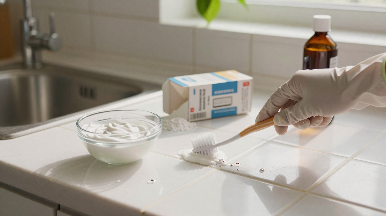 Person wearing glove cleaning white tile countertop with toothbrush and cream in a glass bowl nearby.