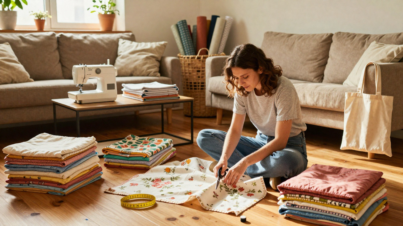 Woman sitting on floor cutting floral fabric surrounded by folded cloths, sewing machine and tape measure in living room.