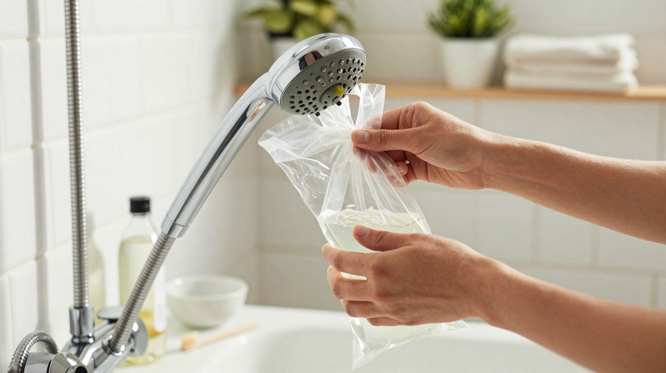 Hands filling a plastic bag with water from a chrome showerhead over a bathroom sink.