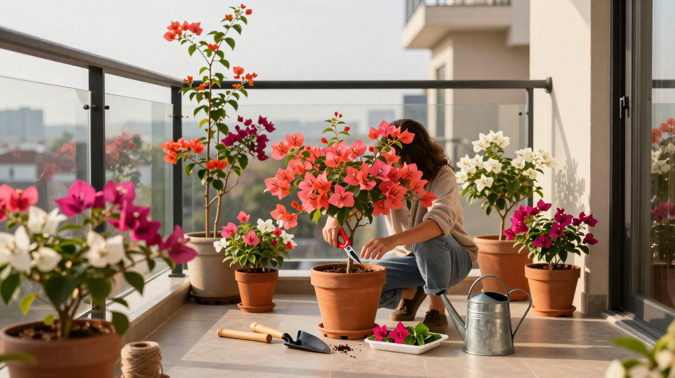 Person pruning vibrant bougainvillea plants on a sunlit balcony with gardening tools and watering can nearby.