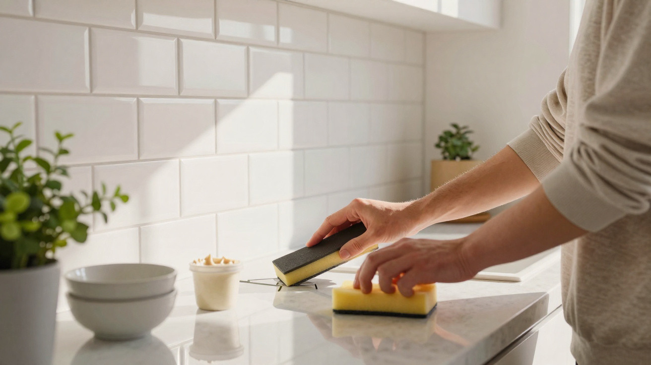 Person cleaning a kitchen countertop with two sponges near white tiled wall and potted plants.