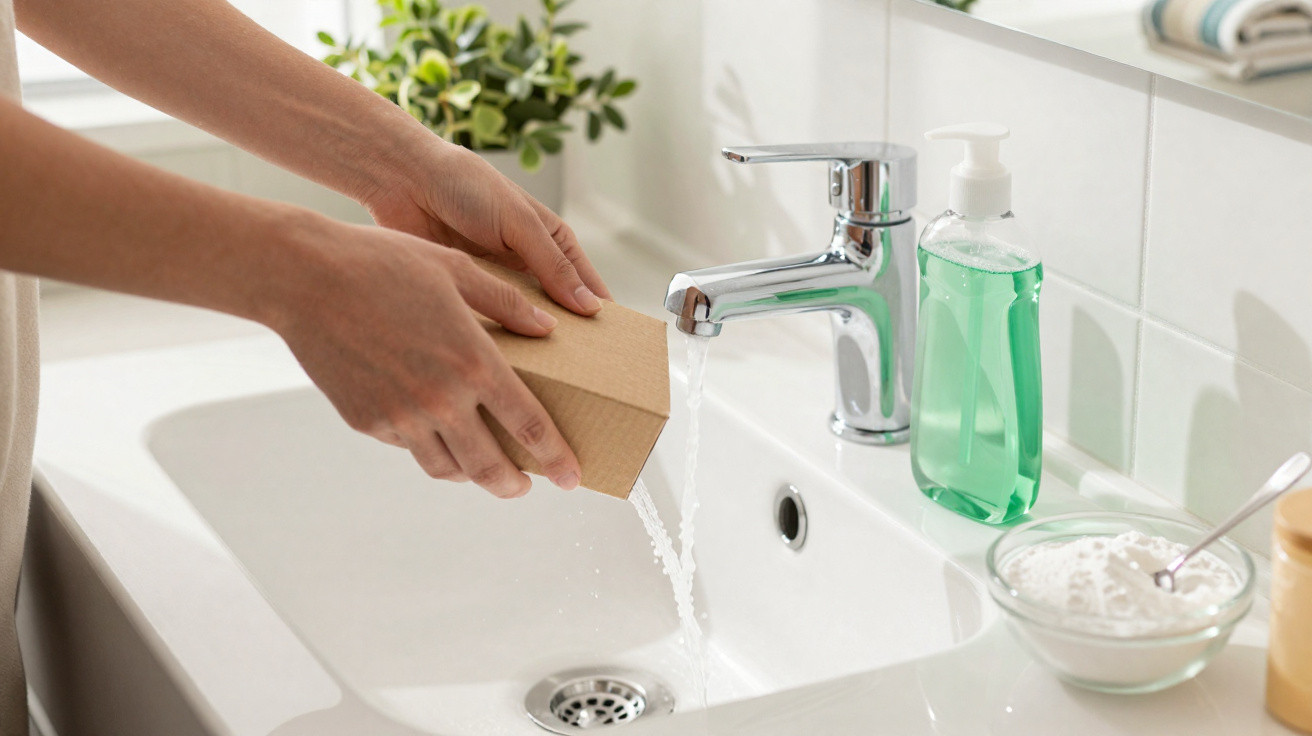 Hands pouring white powder from a cardboard box into a bathroom sink with running tap water.