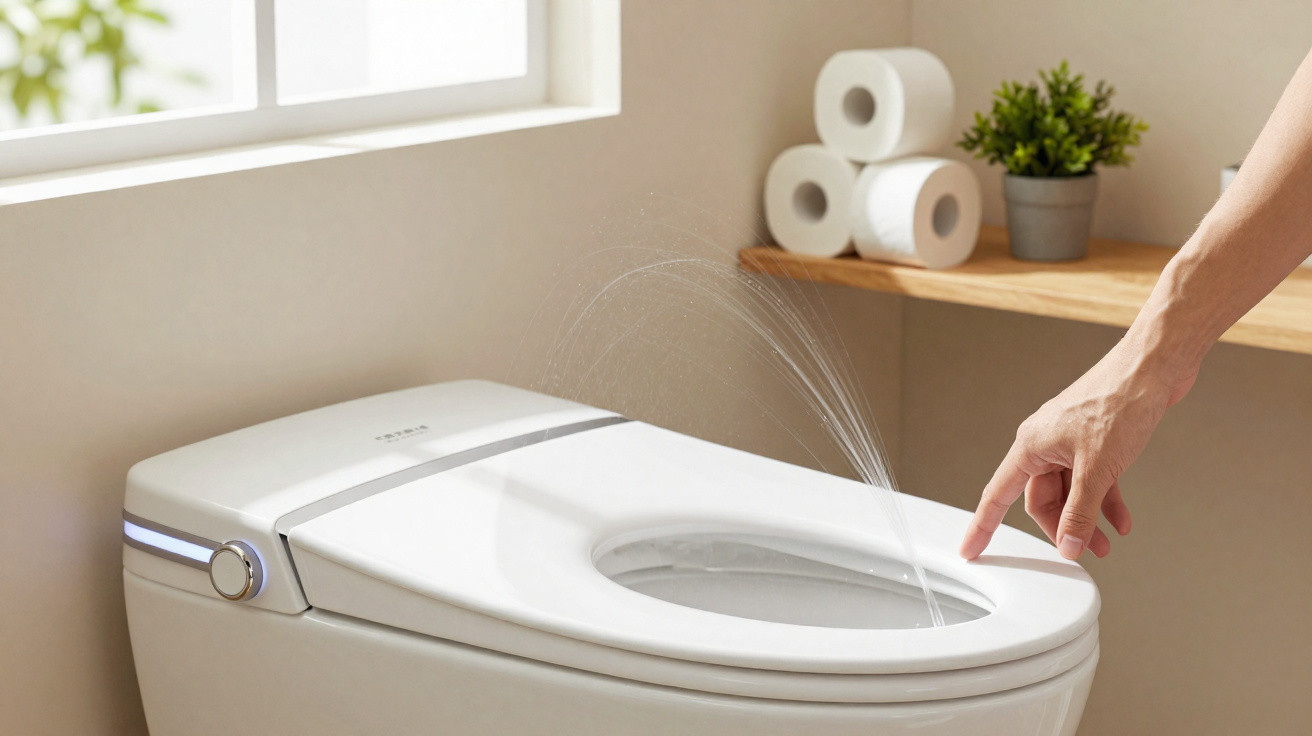 Hand pressing button on smart toilet seat with built-in bidet spraying water in a bright bathroom.