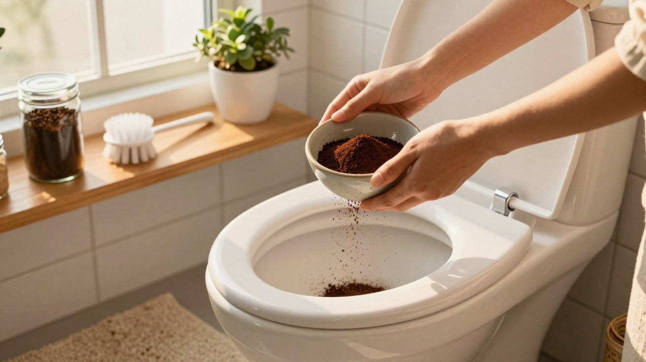 Person sprinkling ground coffee into a clean white toilet bowl in a bright bathroom.