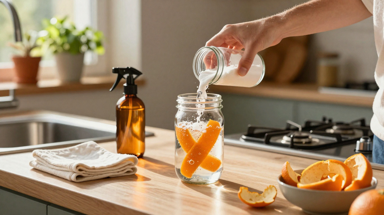 Hand pouring milk into a glass jar with orange peels on a wooden kitchen countertop.