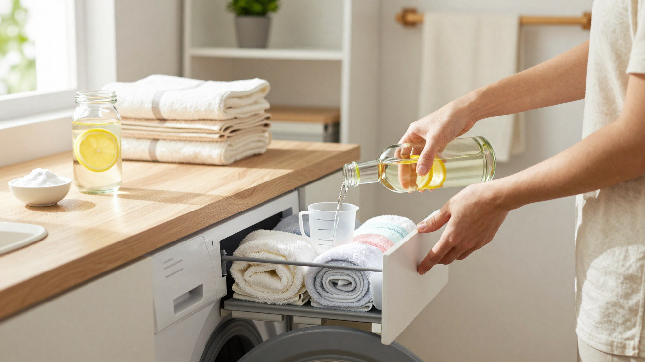 Person pouring lemon-scented liquid into a washing machine detergent drawer with folded towels nearby.
