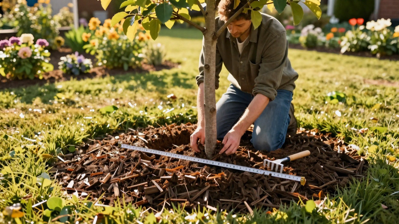 Man kneeling in a garden placing mulch around a young tree with a measuring stick and gardening tool nearby.