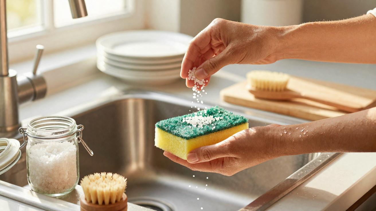 Person sprinkling coarse salt onto a yellow and green kitchen sponge above a stainless steel sink.