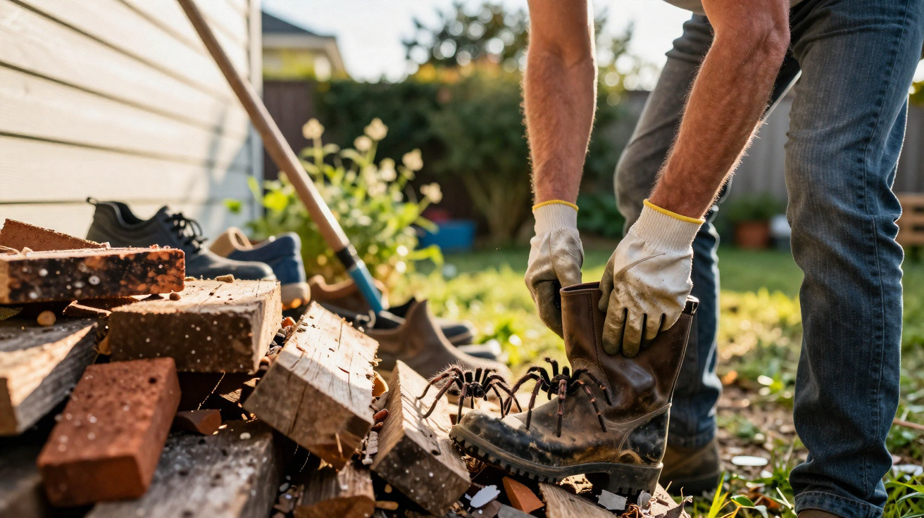 Person wearing gloves pulling a large spider out of a muddy boot in a garden with wood and tools nearby.