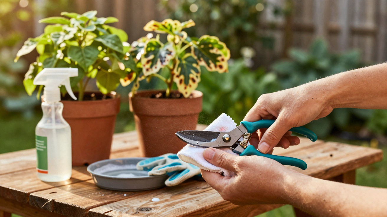 Person cleaning garden pruning shears on wooden table with potted plants, gloves, and spray bottle outdoors.