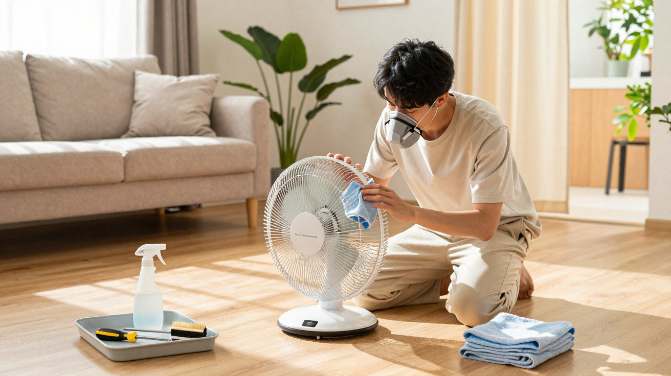 Person wearing a mask cleaning a white fan on a wooden floor in a sunny living room.