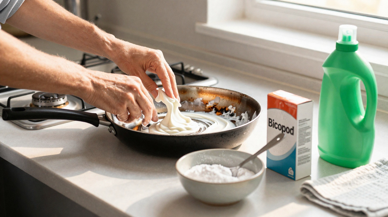 Hands spreading white batter in a black frying pan on a kitchen countertop with baking powder and detergent nearby