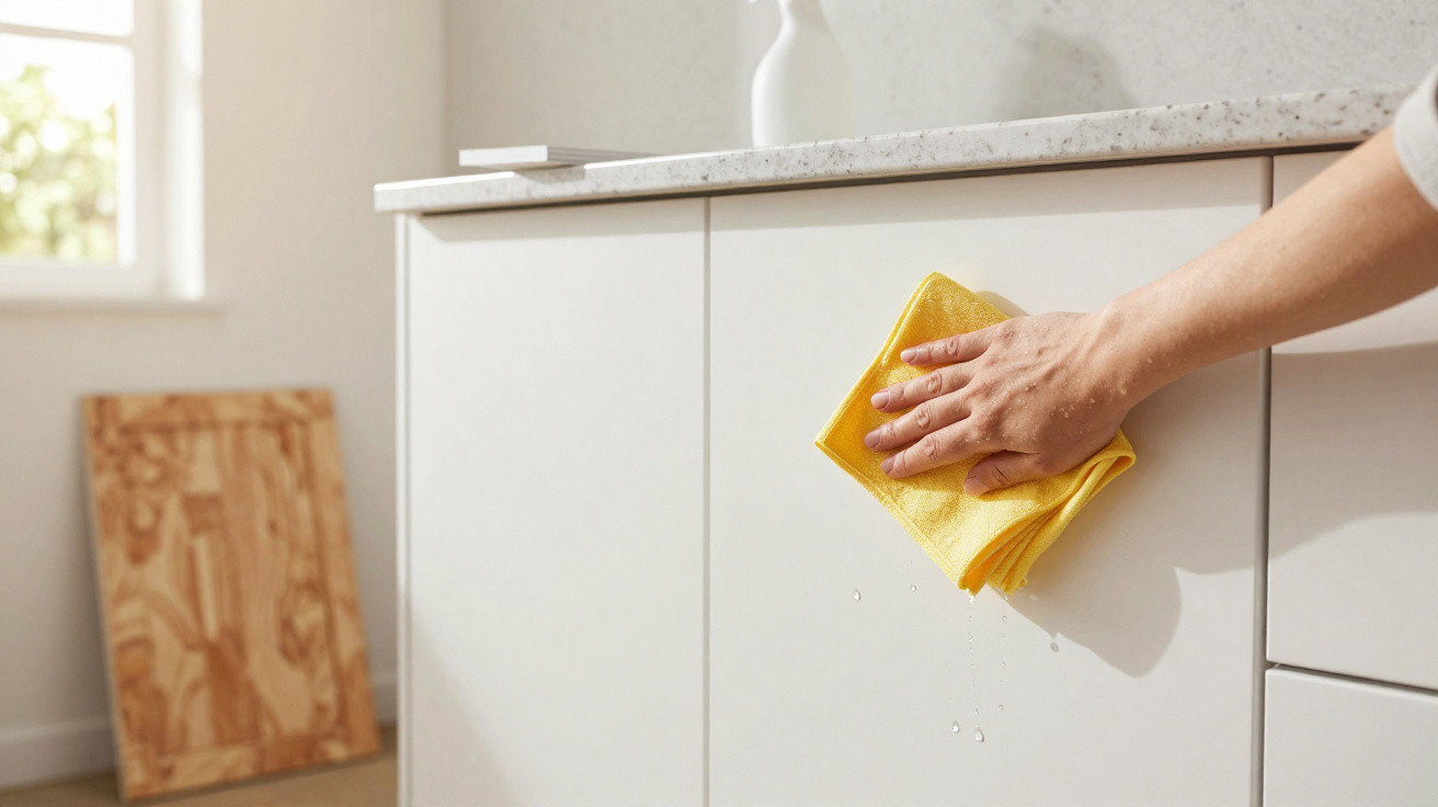 Hand wiping white kitchen cabinet with yellow cloth, water droplets dripping down surface.
