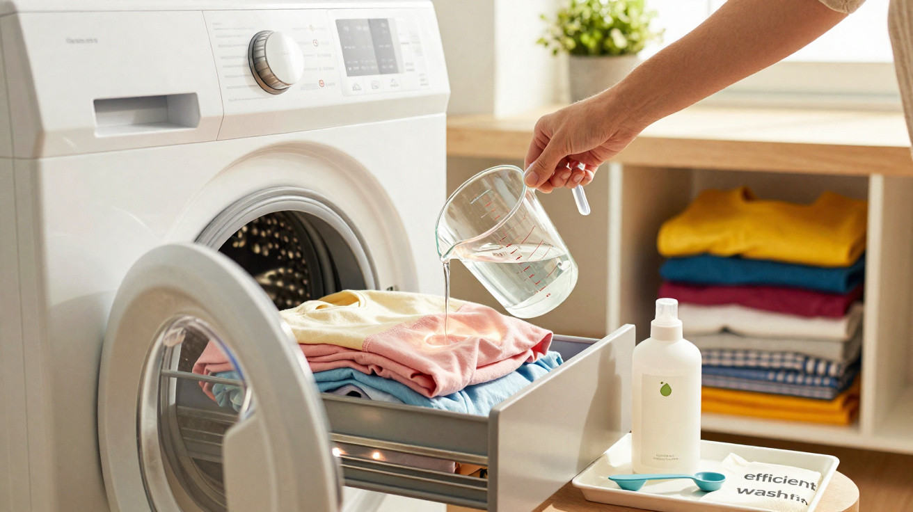 Hand pouring water from a measuring cup onto colourful clothes in a washing machine drawer in bright laundry room.