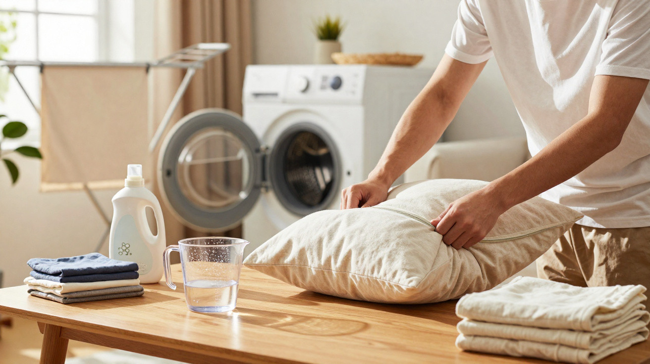 Person washing a pillow cover near a washing machine with detergent and folded laundry on a wooden table.