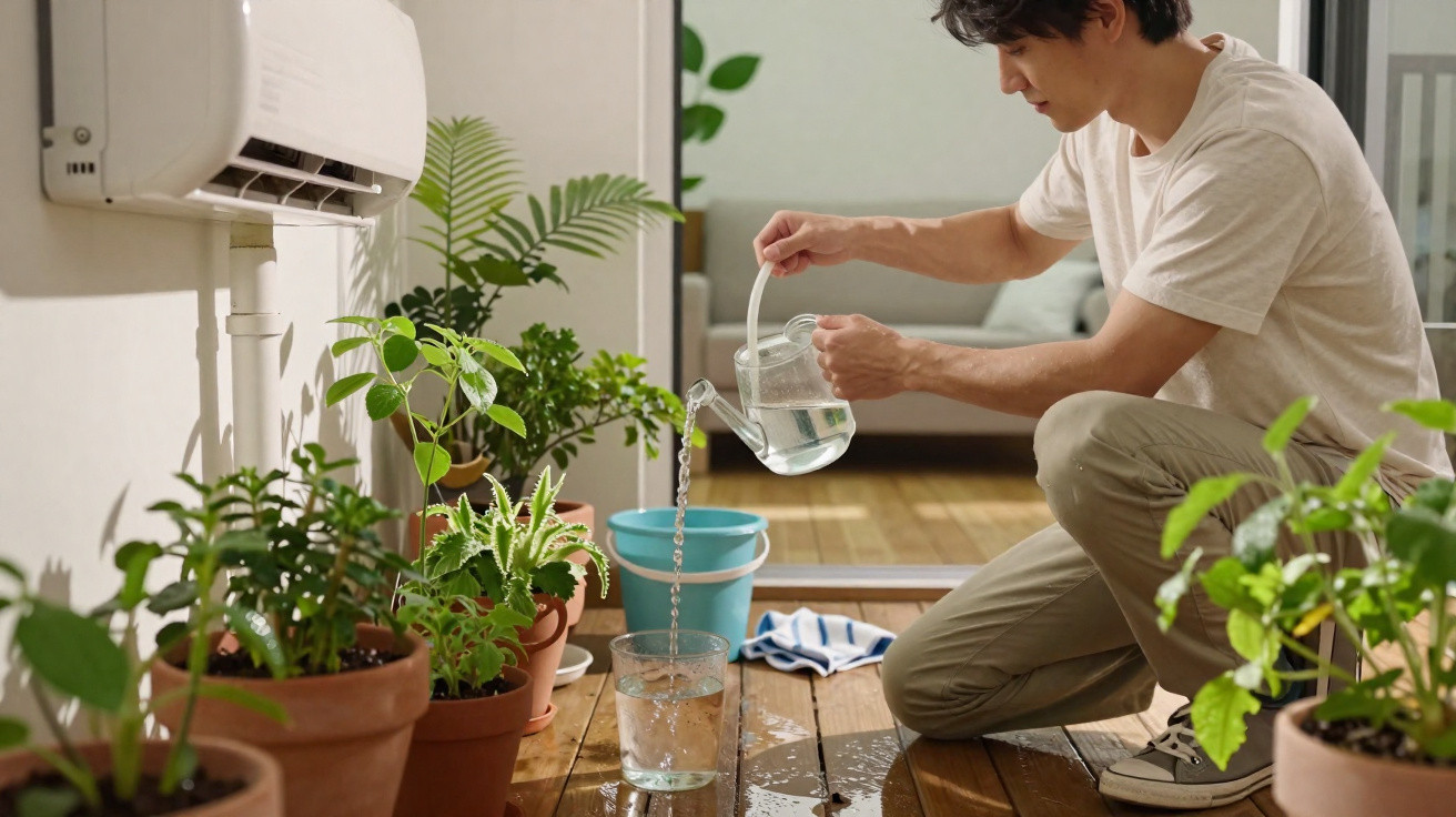 Man watering indoor plants on a wooden floor using a clear watering can with a blue bucket nearby.