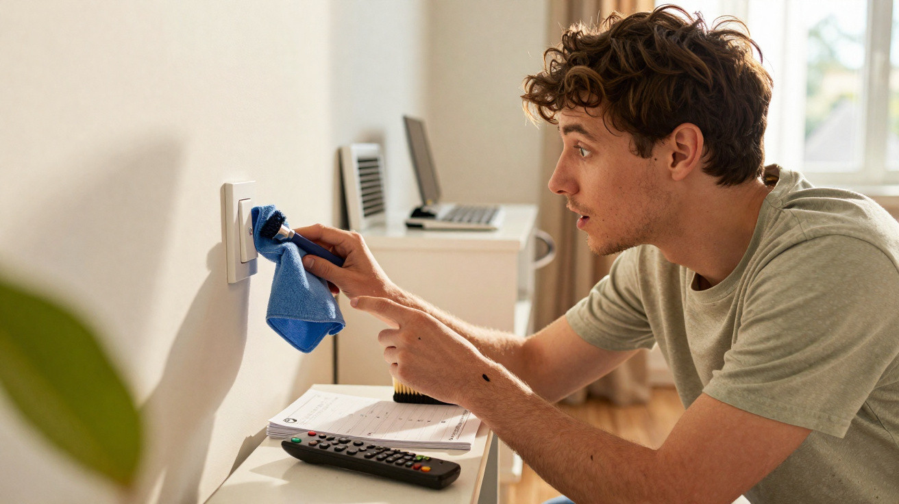 Young man cleaning a light switch on a wall with a blue cloth indoors.