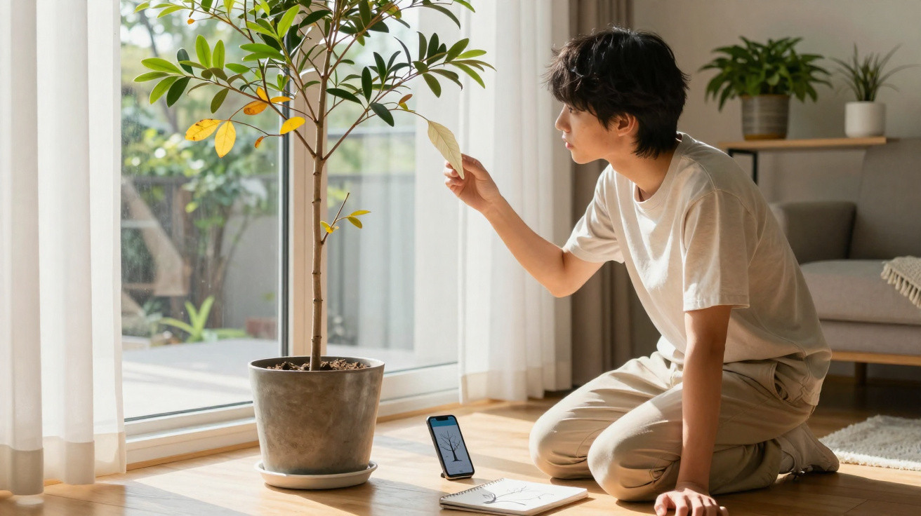 Young person examining a leaf from a potted indoor plant near a window with a smartphone and notebook on the floor.