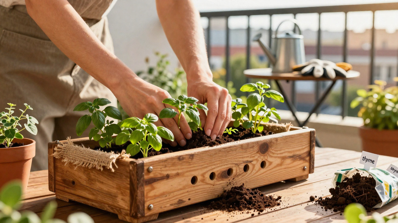 Person planting green herbs in a wooden planter box on a sunny balcony garden table.