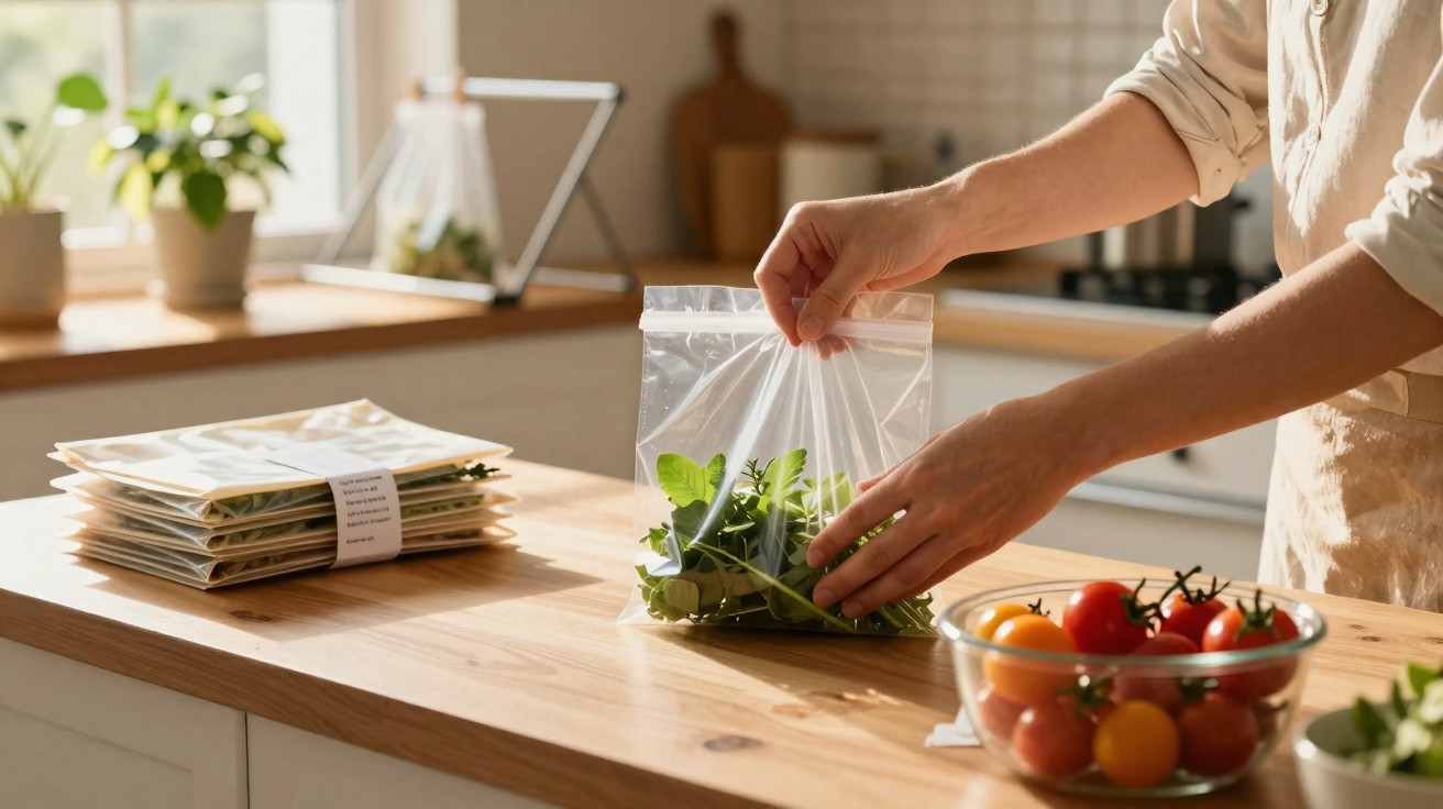Person packaging fresh leafy greens into a plastic resealable bag on a wooden kitchen counter with tomatoes nearby.