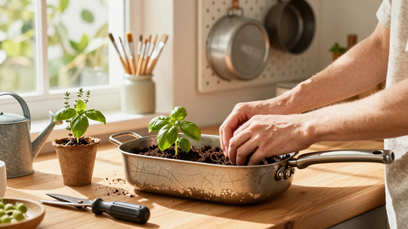 Hands planting herbs in soil-filled frying pan on wooden kitchen counter near window with watering can and scissors nearby