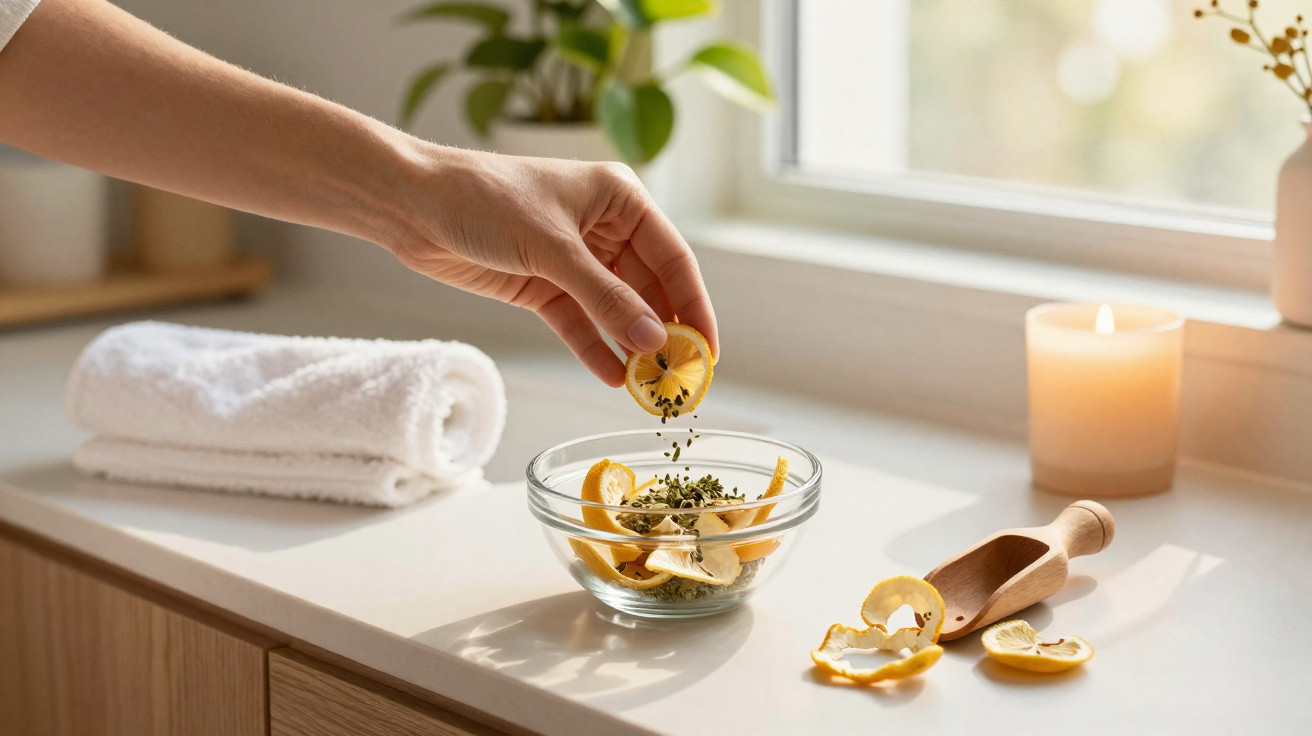 Hand sprinkling seeds over dried lemon slices in a glass bowl on a kitchen countertop with a towel and candle.