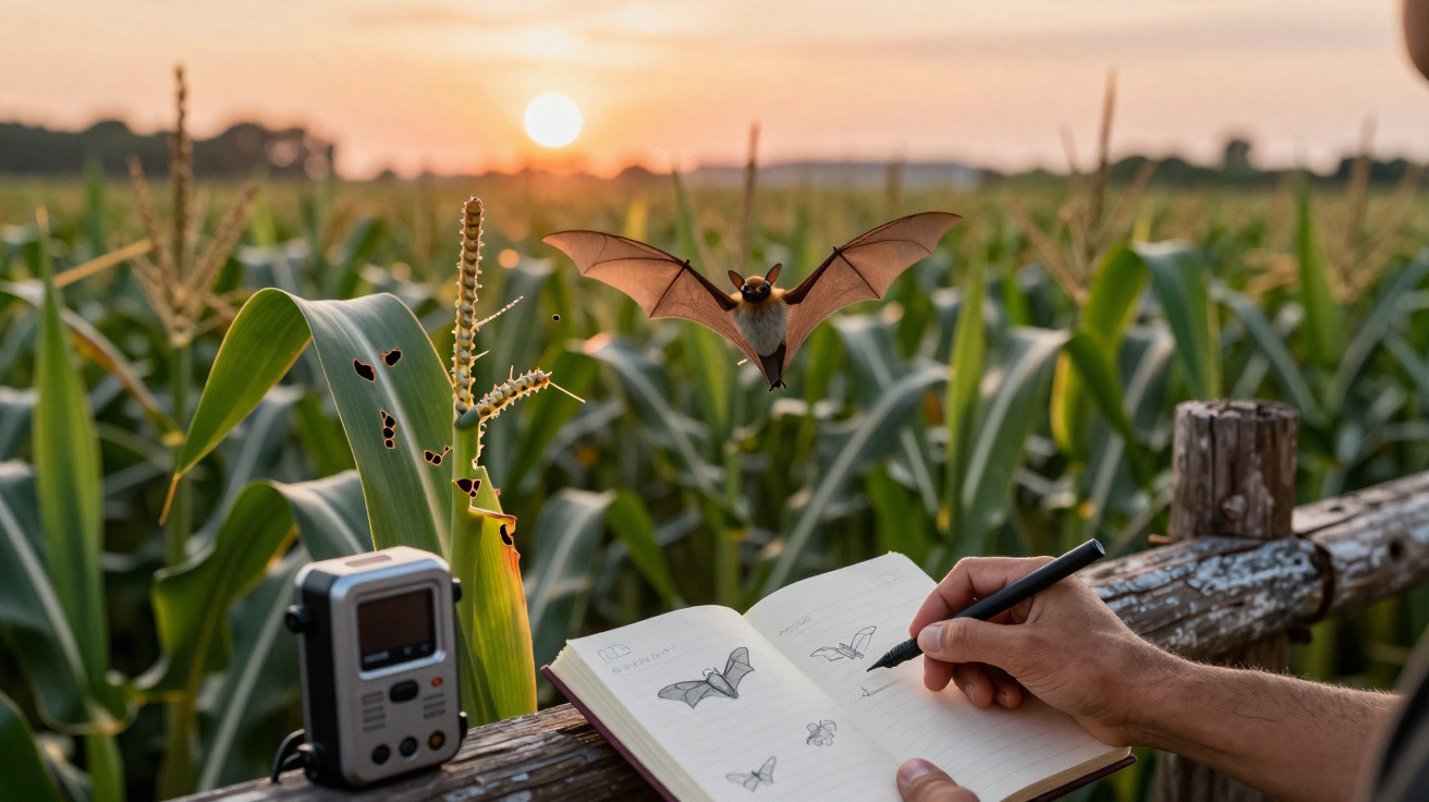 Person sketching a bat in a notebook near a cornfield at sunset with a bat flying nearby and recording device on fence.