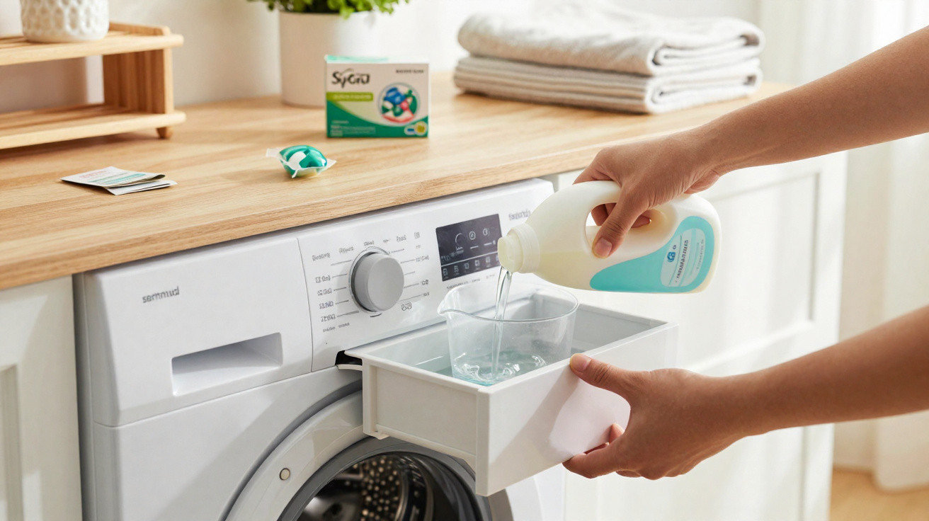 Hands pouring liquid detergent into a washing machine drawer with folded towels and detergent box on counter.