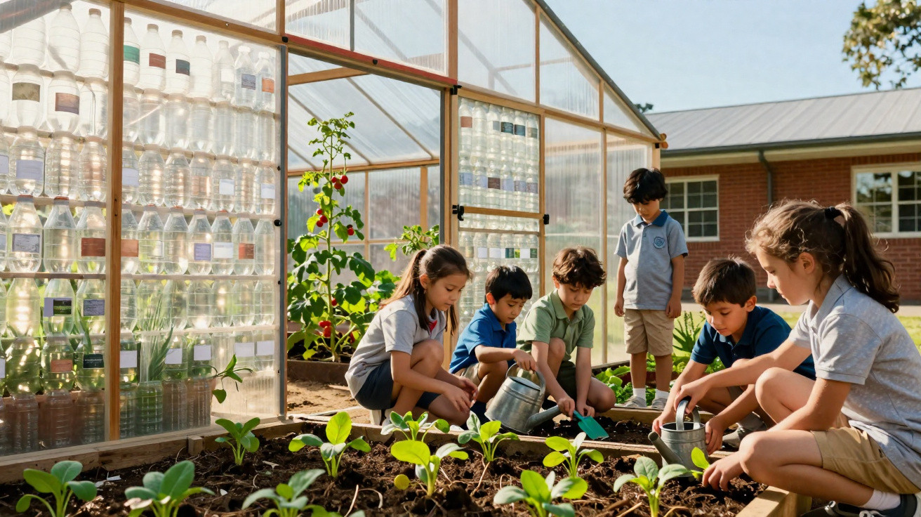 Group of children gardening and watering plants inside a greenhouse on a sunny day at school.