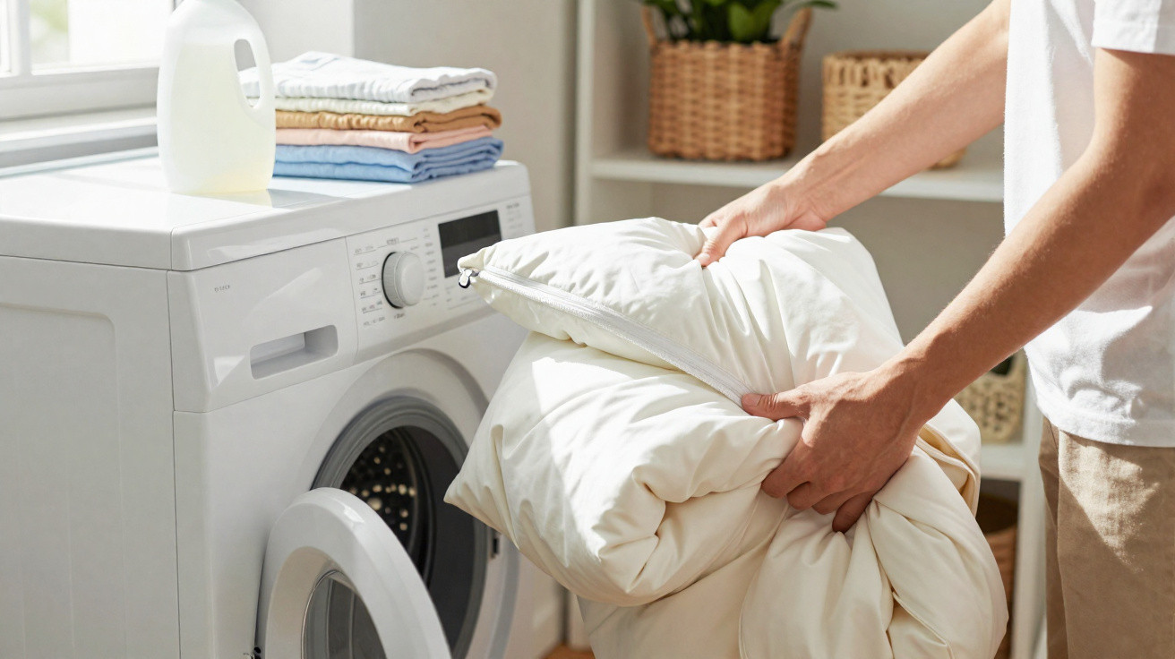 Person loading a white duvet into a front-loading washing machine in a bright laundry room.