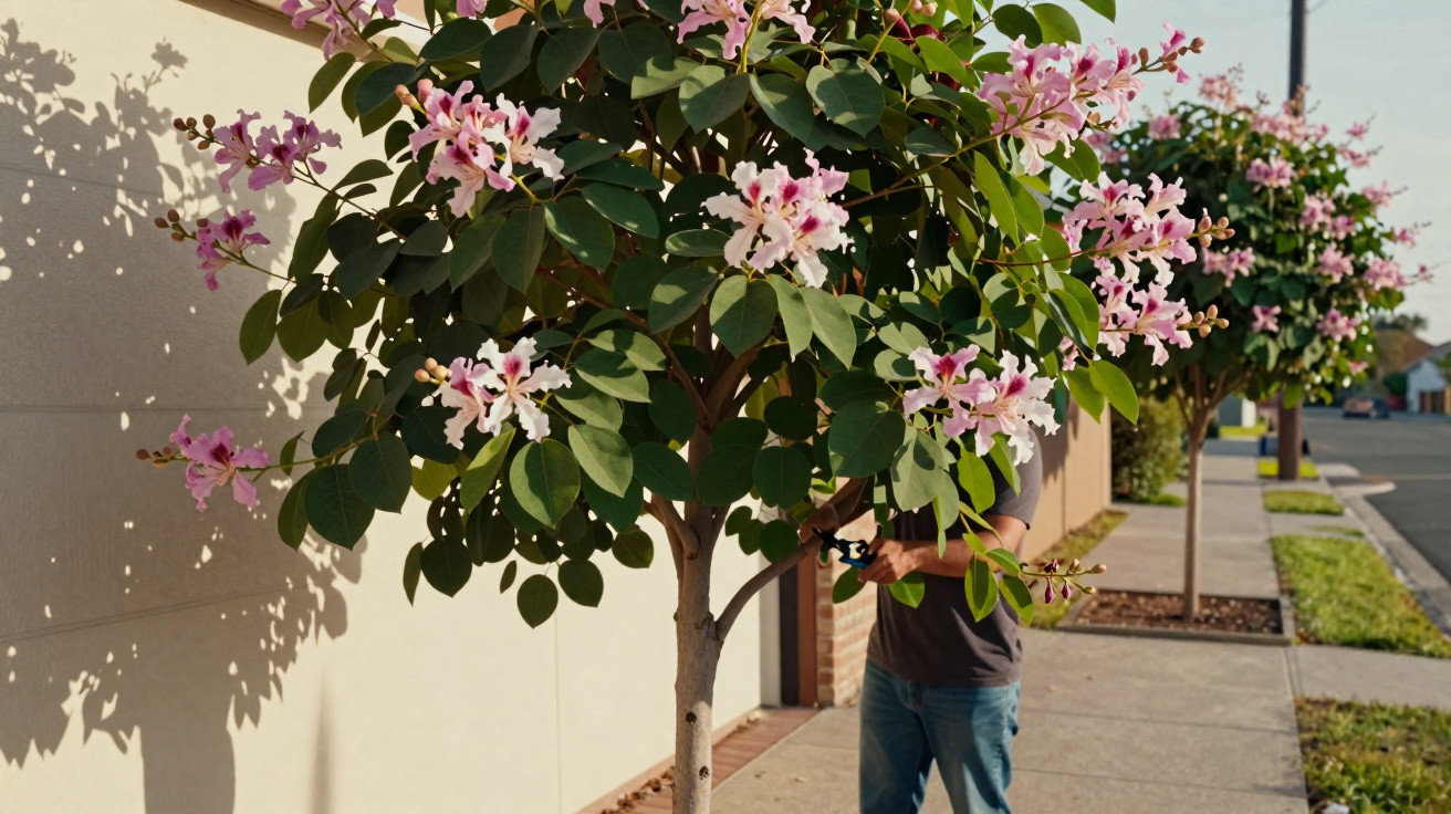 Person trimming a small tree with pink flowers on a sunny suburban sidewalk.