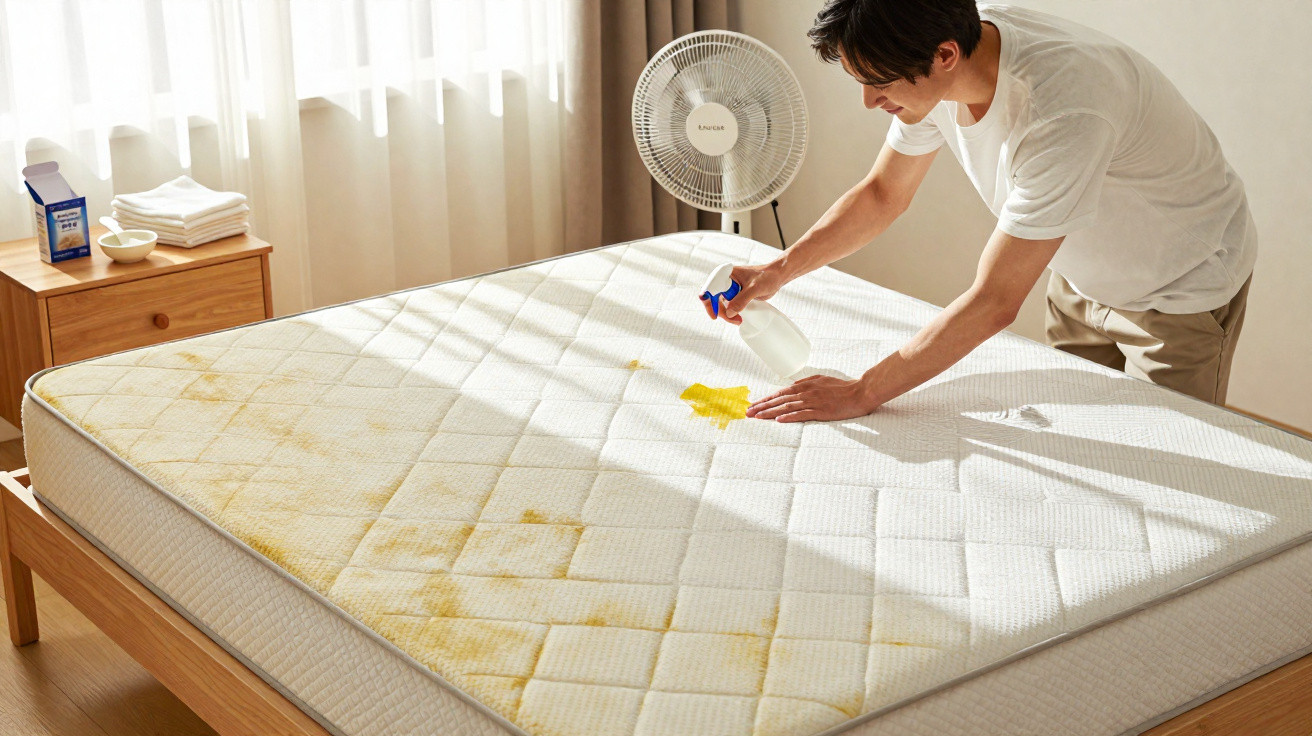 Man spraying stain remover on a yellow-stained mattress in a sunlit bedroom with a standing fan nearby.