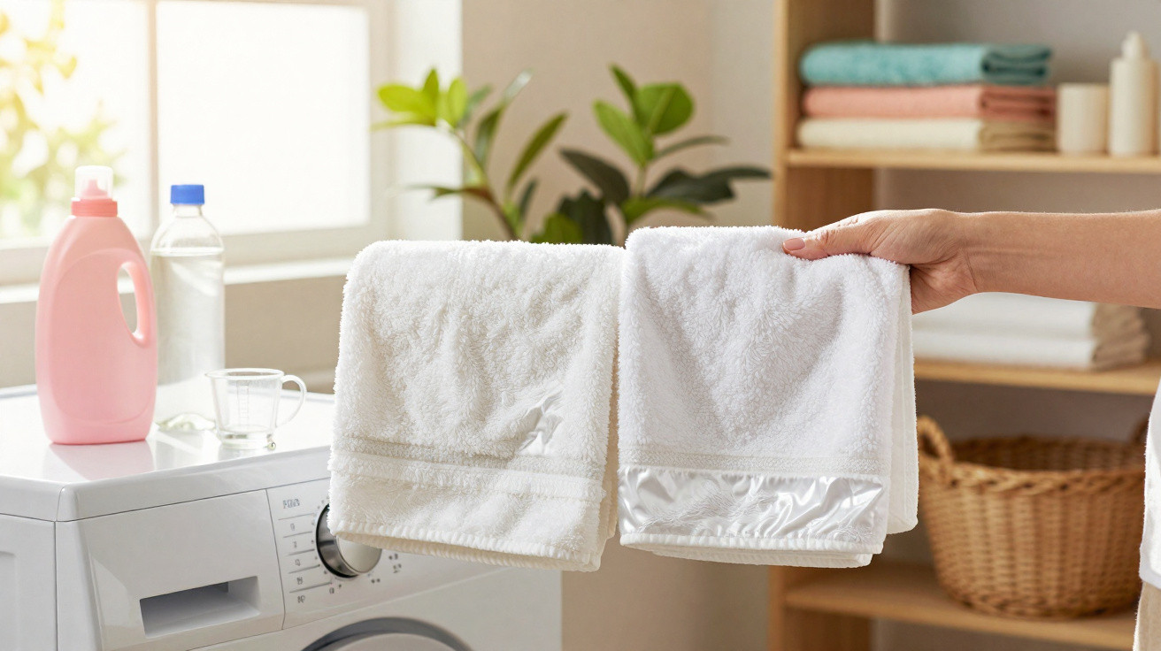 Hand holding two white towels, one clean and one stained, over a washing machine in a laundry room.
