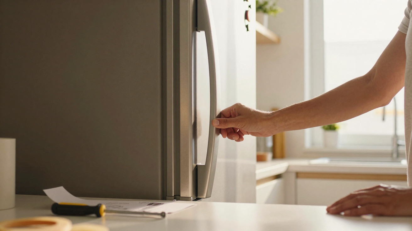 Person opening a modern stainless steel refrigerator door in a bright, tidy kitchen.