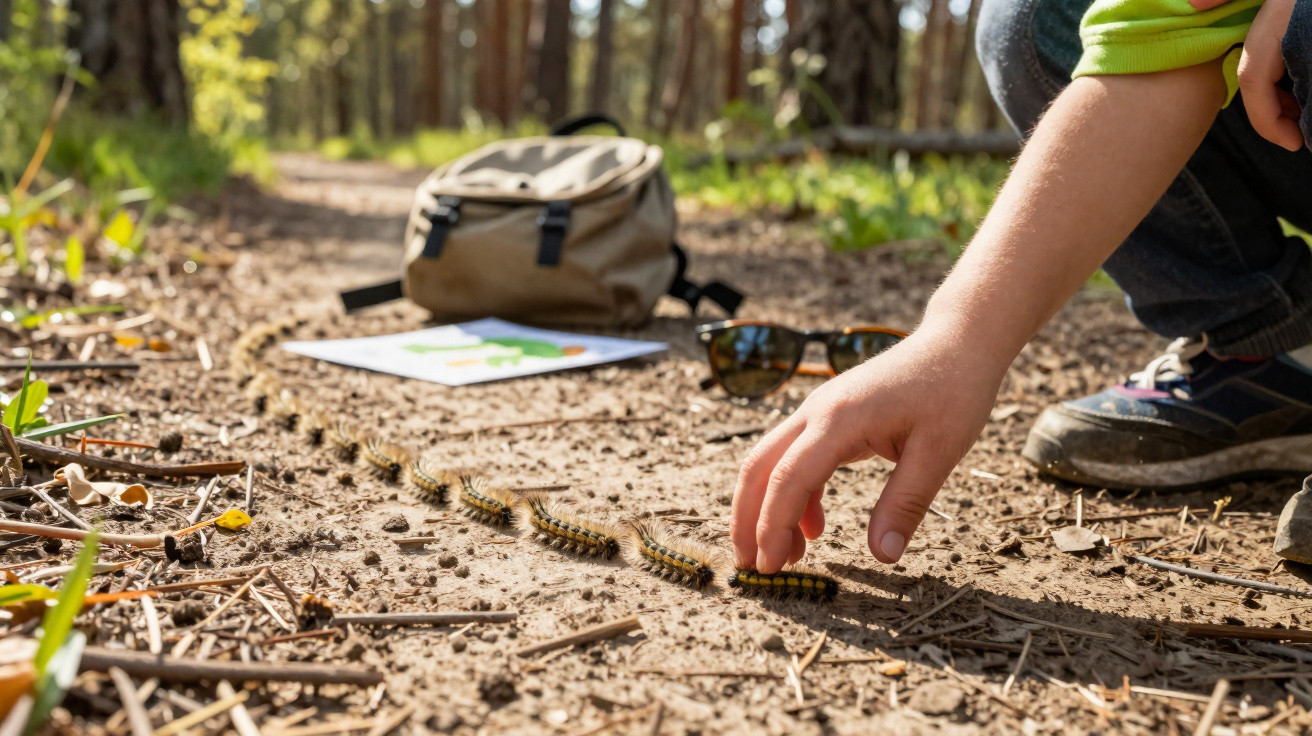 Child crouching to observe a line of caterpillars on a forest path with a bag, map, and sunglasses nearby.