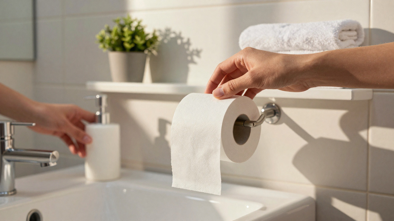 Hand reaching for toilet paper on a holder next to a bathroom sink with a soap dispenser and towel.
