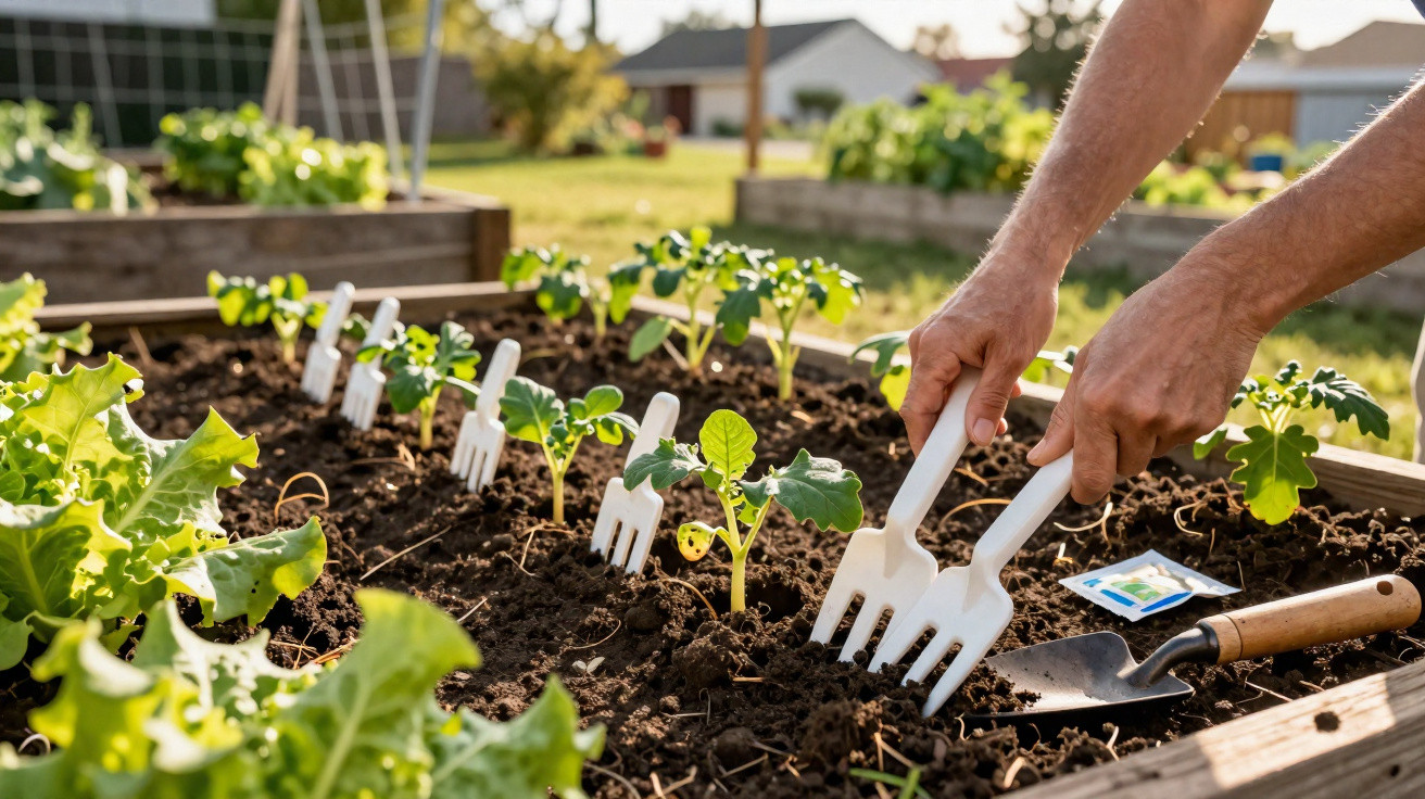 Hands using small white gardening forks to cultivate soil around young vegetable seedlings in a garden bed.
