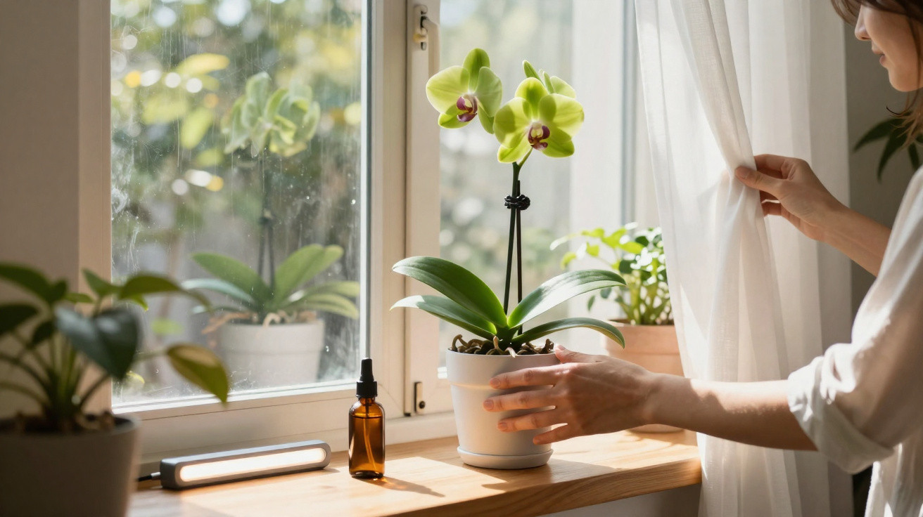 Person adjusting white curtains beside a windowsill with a blooming yellow orchid and potted plants.