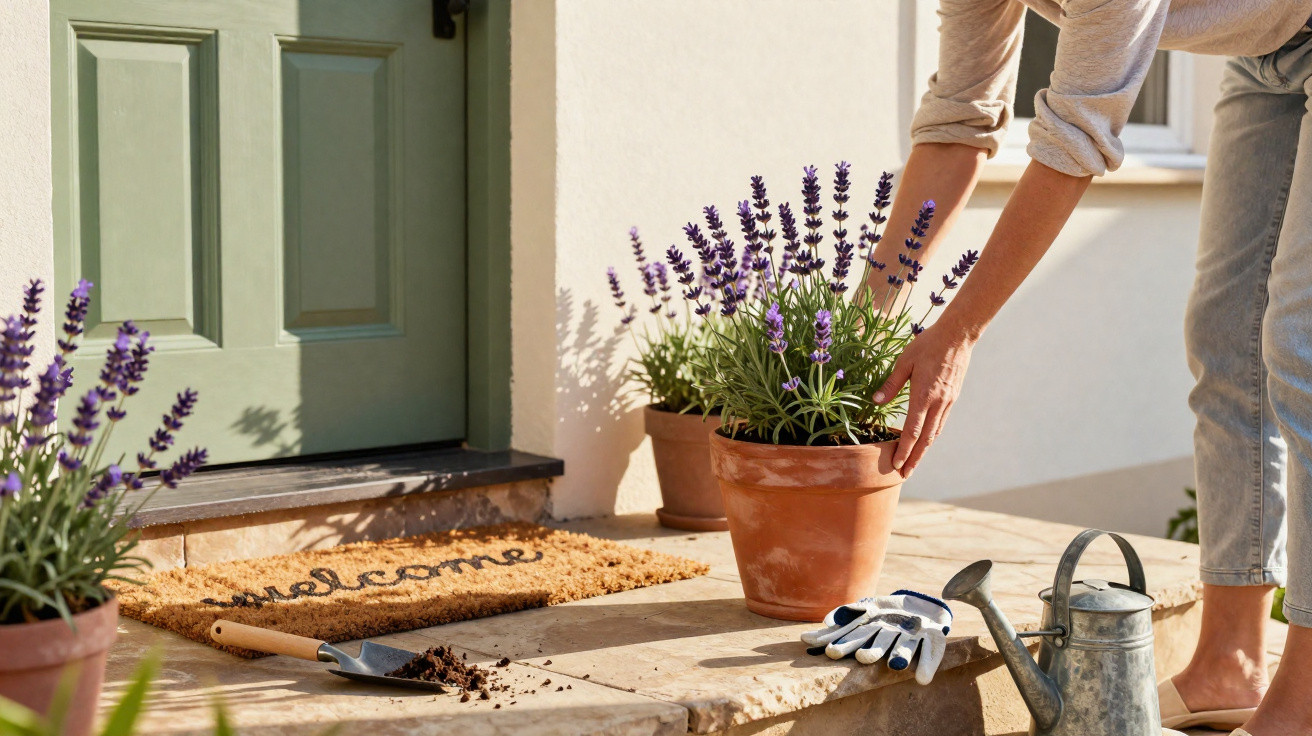 Person planting lavender in a terracotta pot on a doorstep with gardening tools and welcome mat nearby.
