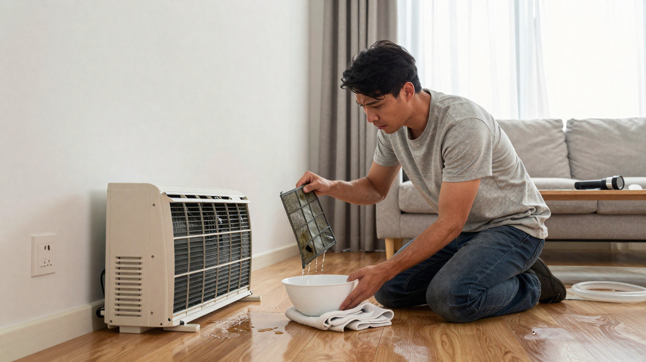 Man kneeling on floor cleaning air conditioner filter with bowl and cloth indoors