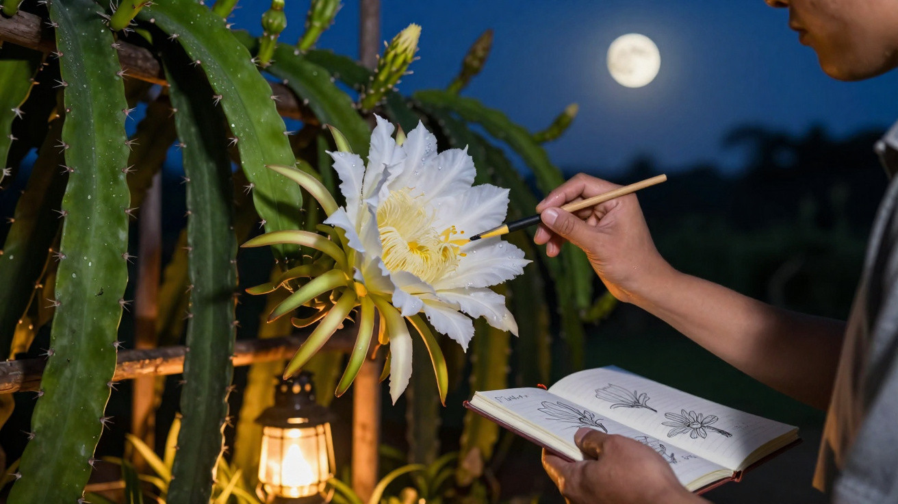 Person sketching a large white flower on a cactus at night under the full moon and lantern light.