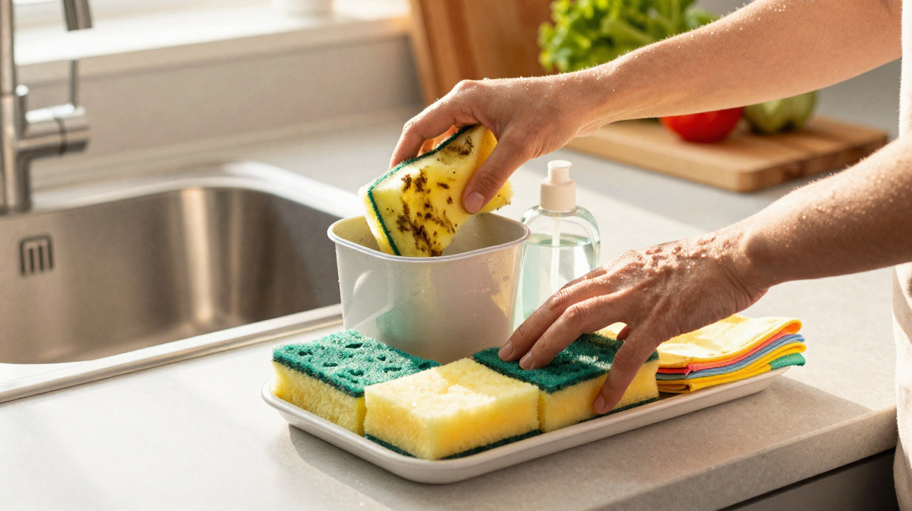 Person placing a used yellow and green sponge into a white container by a kitchen sink.