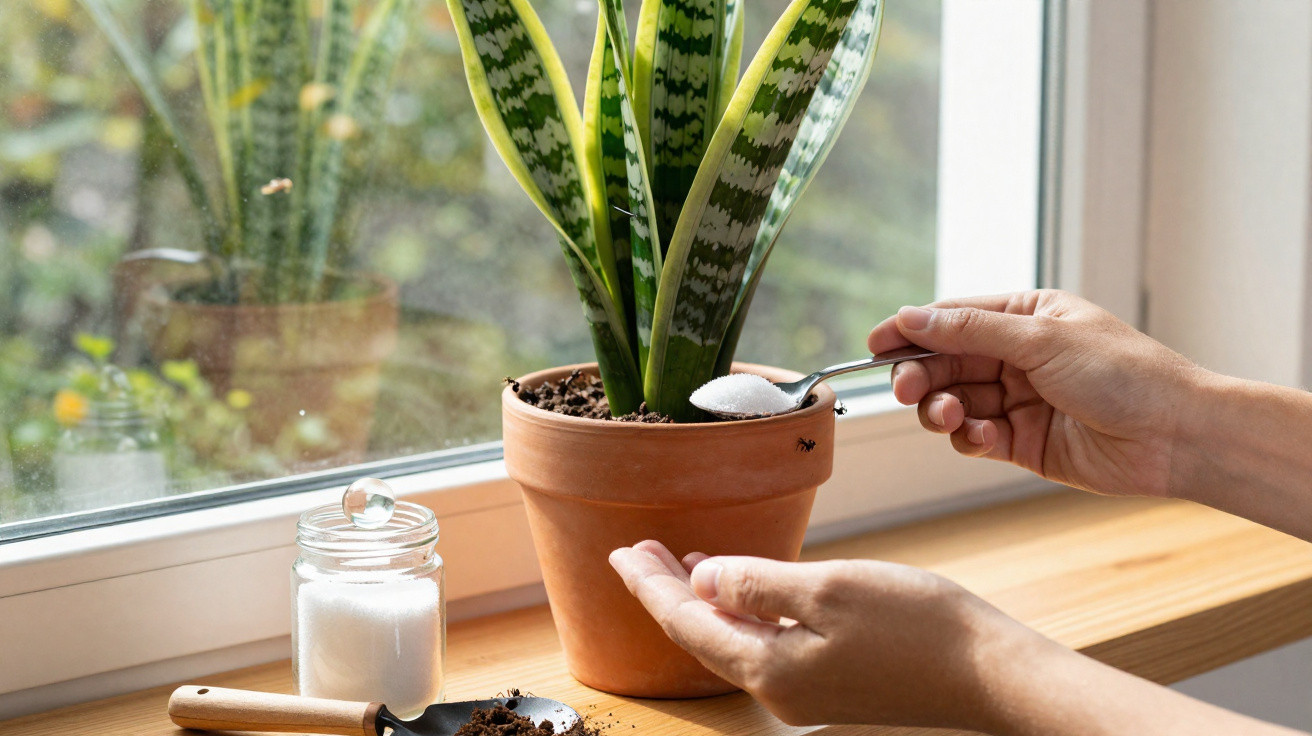 Hands sprinkling white powder from a spoon into soil in a terracotta pot with a snake plant on a windowsill.